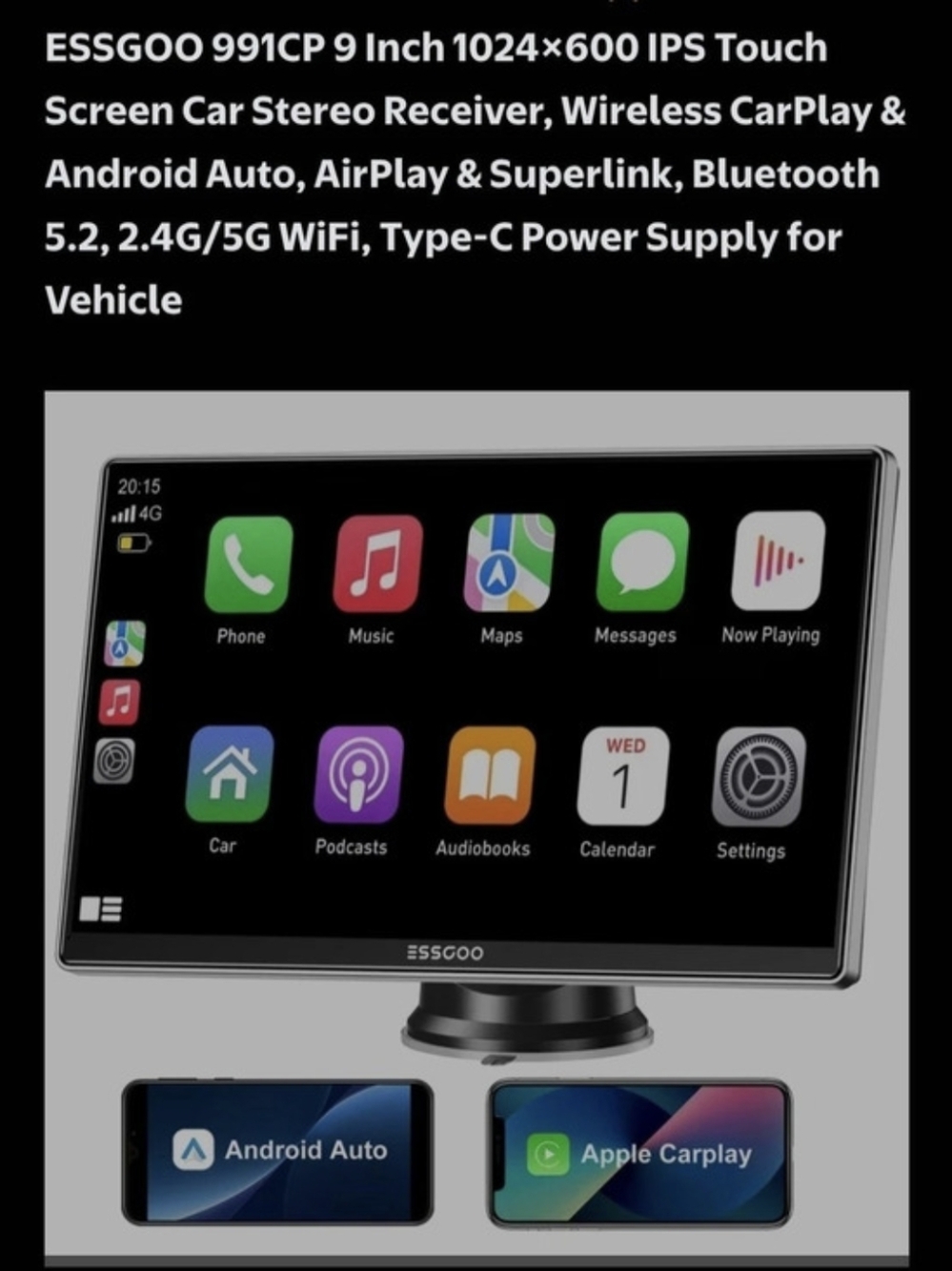 New ESSGOO 9 Inch 1024×600 IPS Touch Screen Car Stereo Receiver Wireless CarPlay